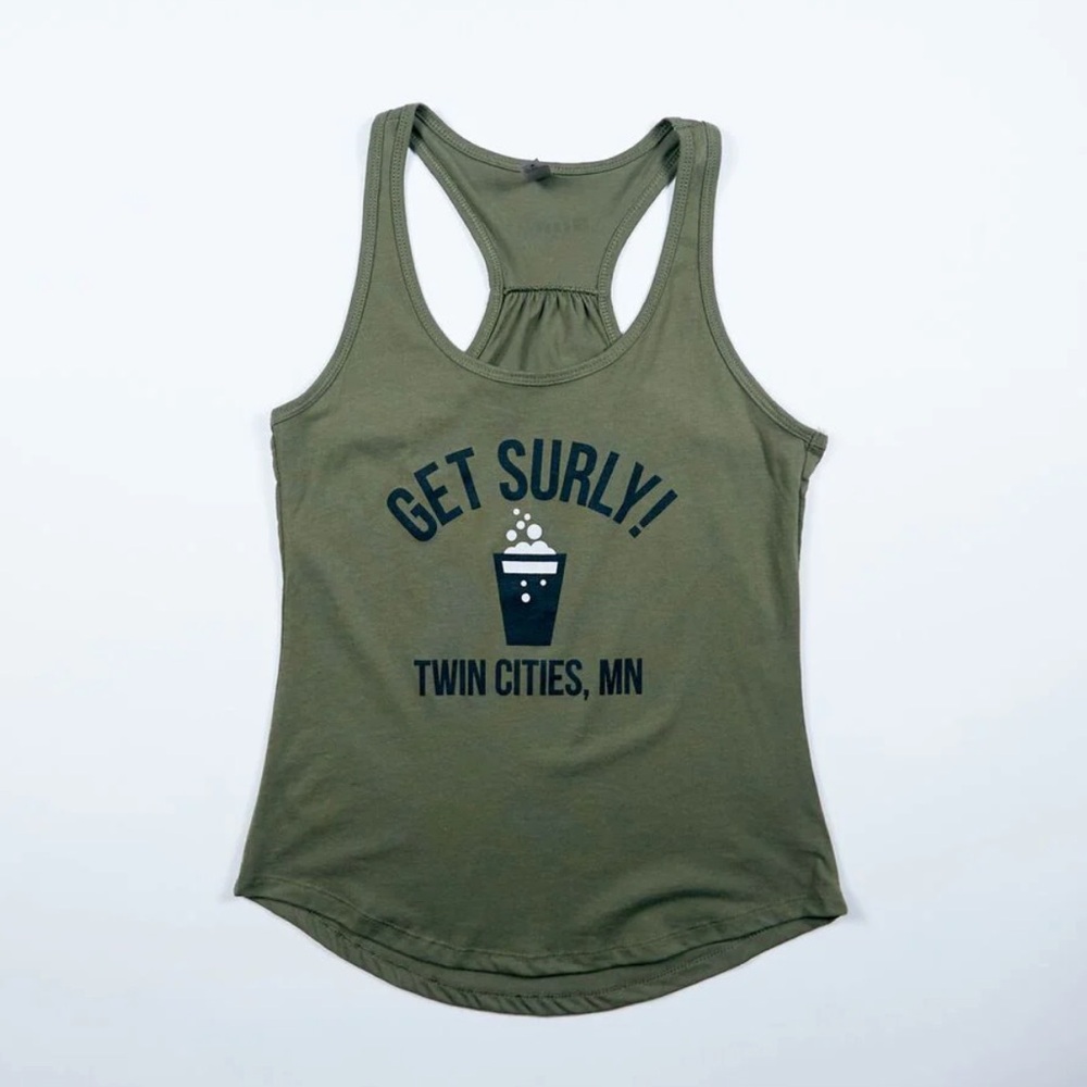 Get Surly! Brewery Minnesota Racerback Olive Green ruched Workout Tank Top M